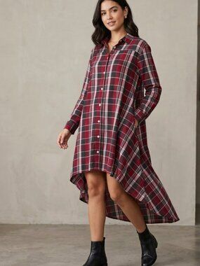 Asymmetrical Plaid Button-Front Dress in Burgundy